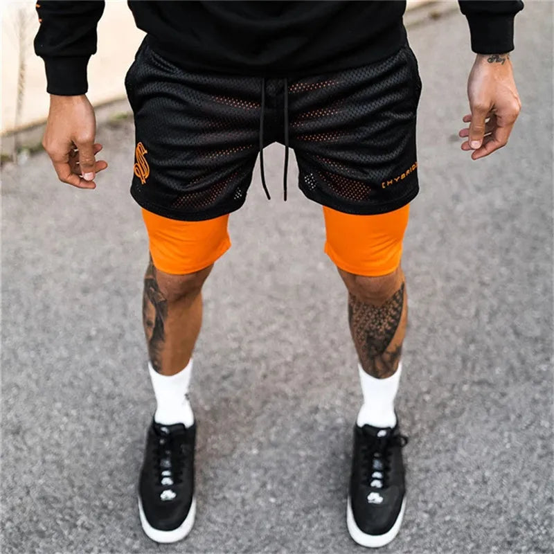 Shorts Dryfit Hybrid | 2 em 1 | Secagem Rápida | Respirável Preto com Laranja