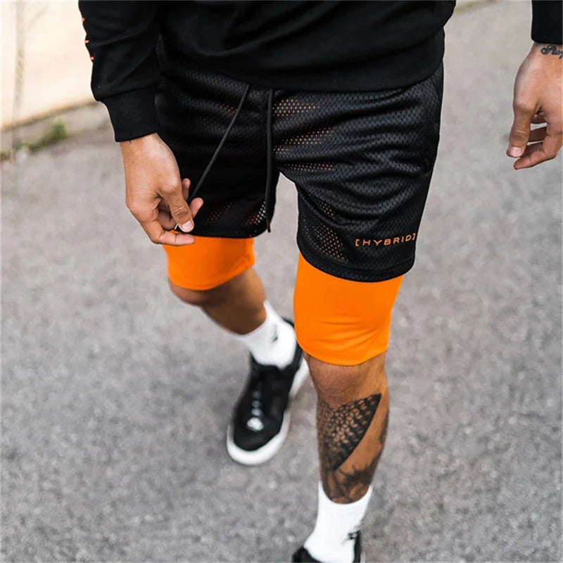 Shorts Dryfit Hybrid | 2 em 1 | Secagem Rápida | Respirável Preto com Laranja